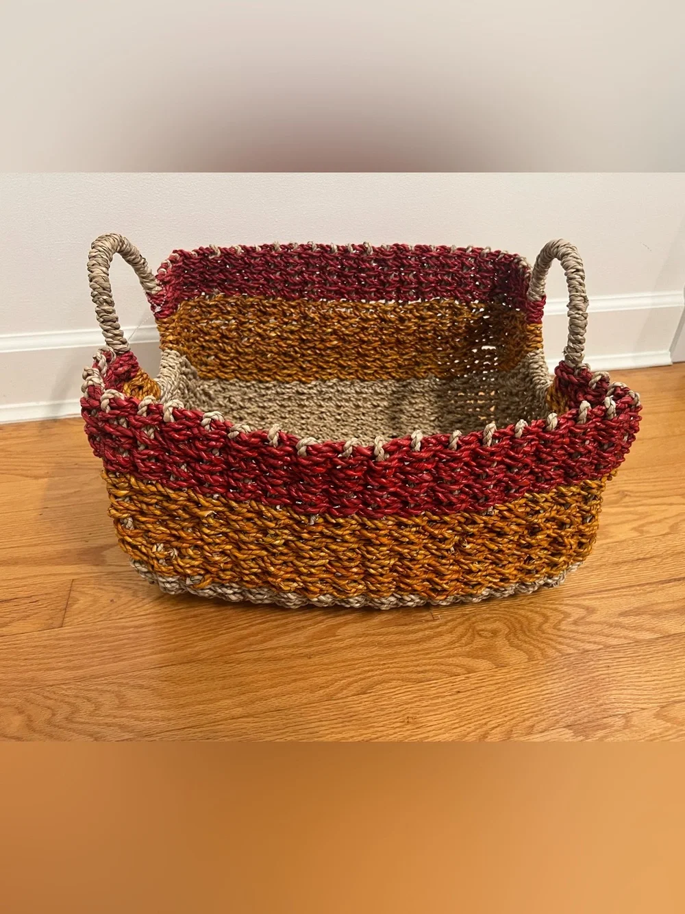 Handwoven Storage Basket in Red, Mustard and Natural Tones